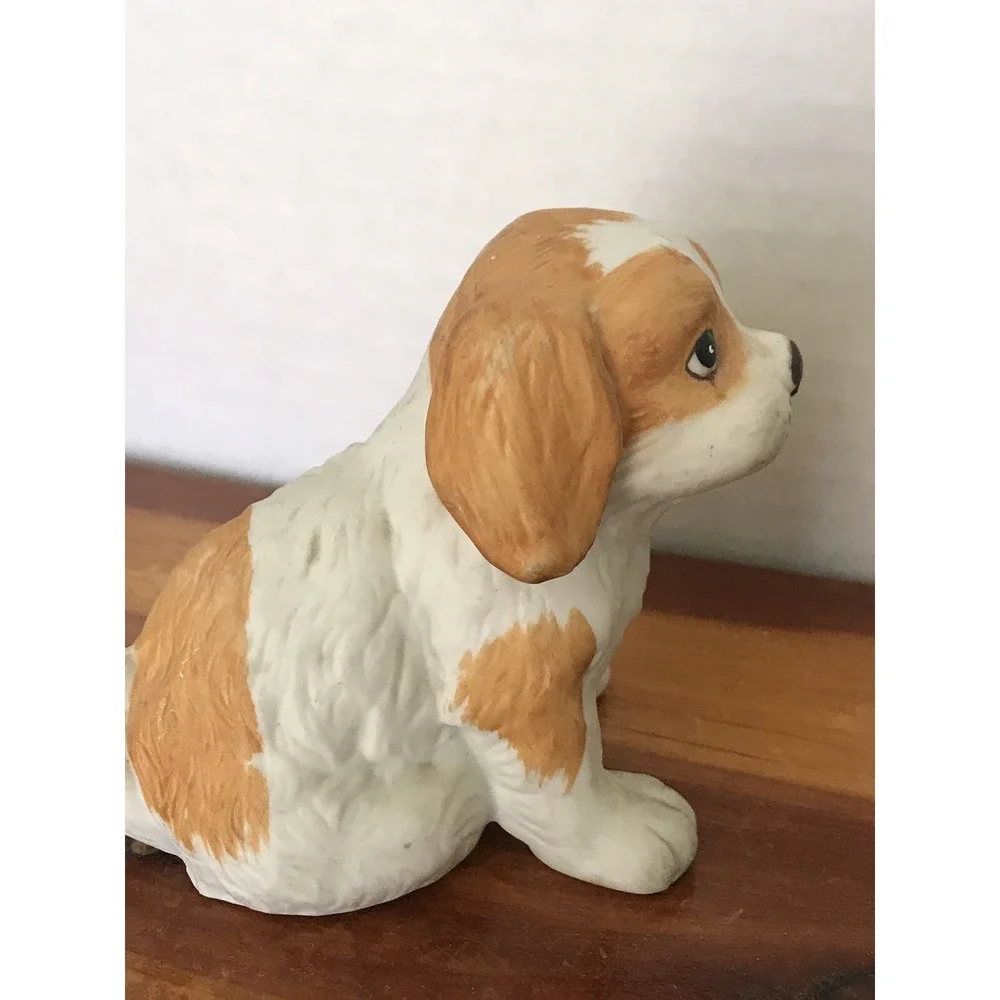 1990 Spaniel Puppy‎ Dog Ceramic Figurine, Cute Brown White Dog Collector Decor